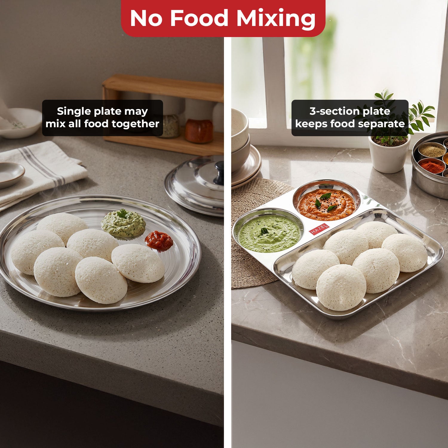 3 Section Plate Stainless Steel Bhojan Thali Set of 6 for Idli Sambar