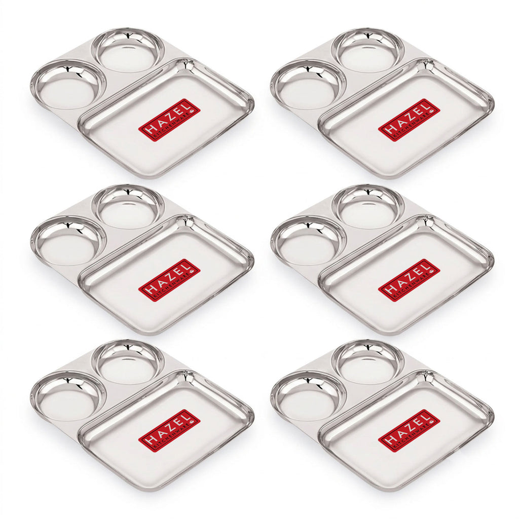 3 Section Plate Stainless Steel Bhojan Thali Set of 6 for Idli Sambar
