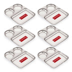 3 Section Plate Stainless Steel Bhojan Thali Set of 6 for Idli Sambar
