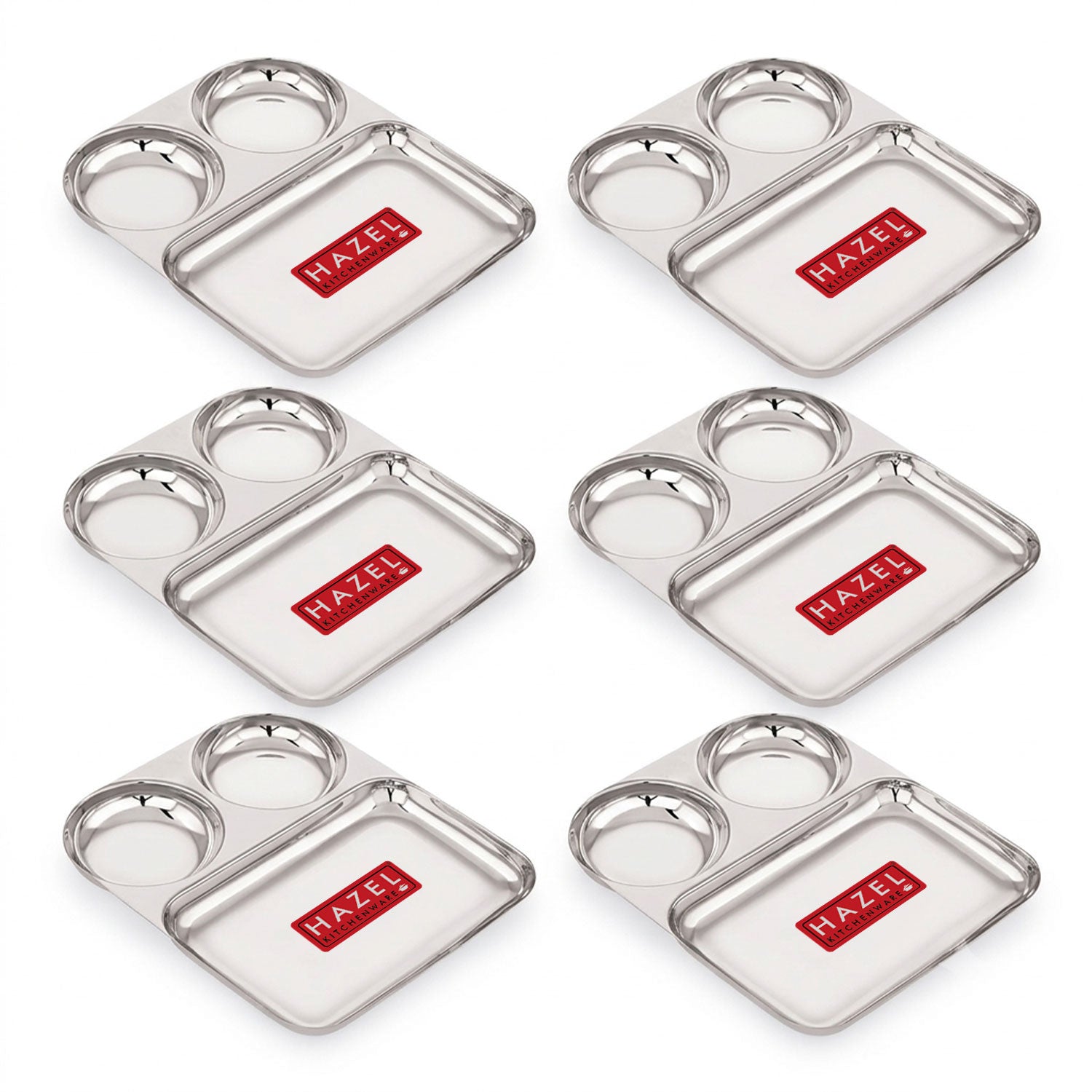 3 Section Plate Stainless Steel Bhojan Thali Set of 6 for Idli Sambar