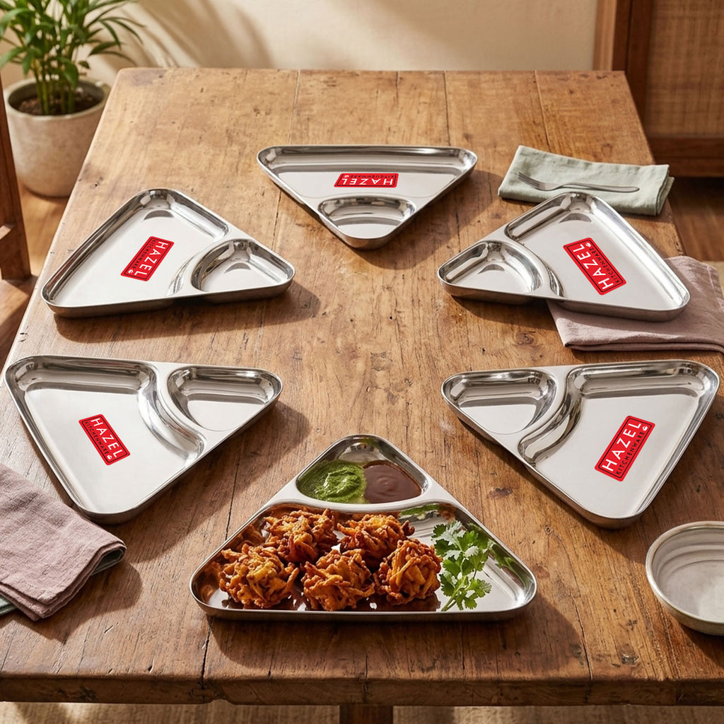 Triangle Snack Plate Stainless Steel 2 in 1 Section Plate Set of 6 for Nasta