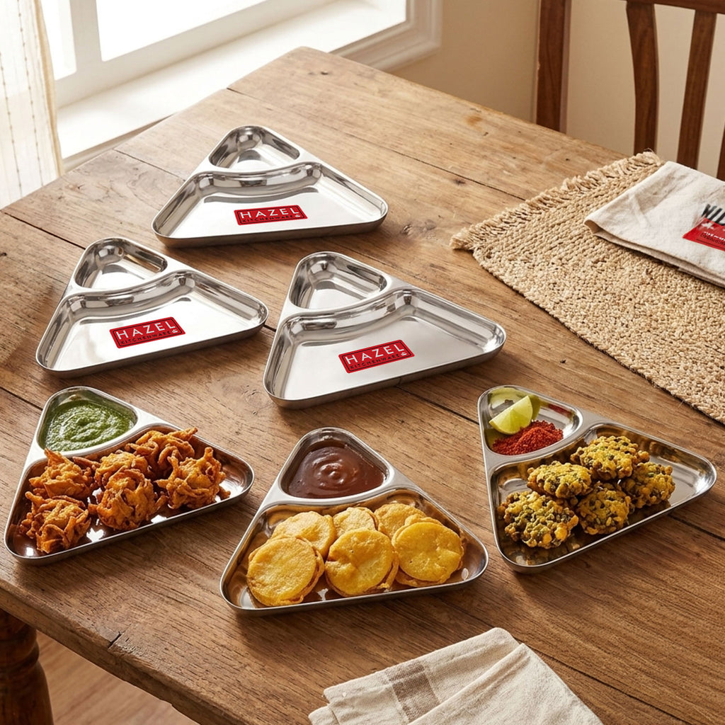 Triangle Snack Plate Stainless Steel 2 in 1 Section Plate Set of 6 for Nasta