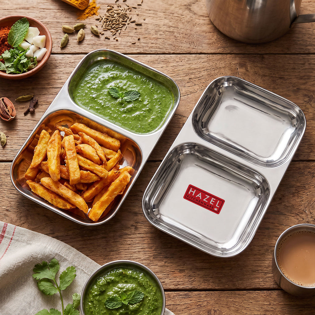 Stainless Steel Divided Plate 2 Compartment Set of 2 | Vada Pav Plate