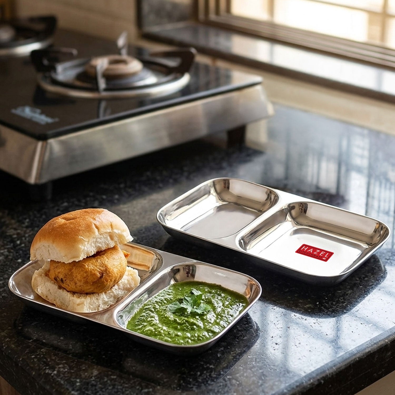 Stainless Steel Divided Plate 2 Compartment Set of 2 | Vada Pav Plate