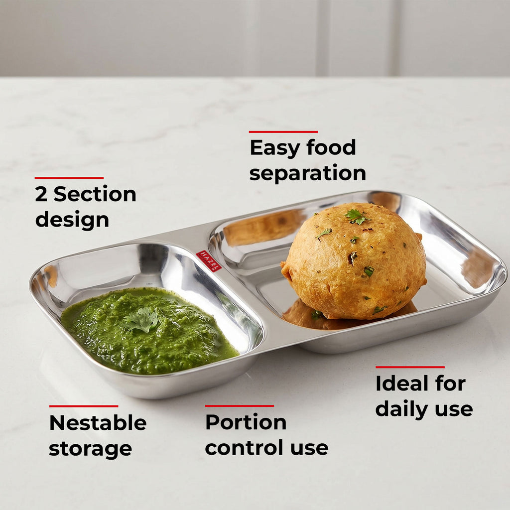 Stainless Steel Divided Plate 2 Compartment Set of 2 | Vada Pav Plate