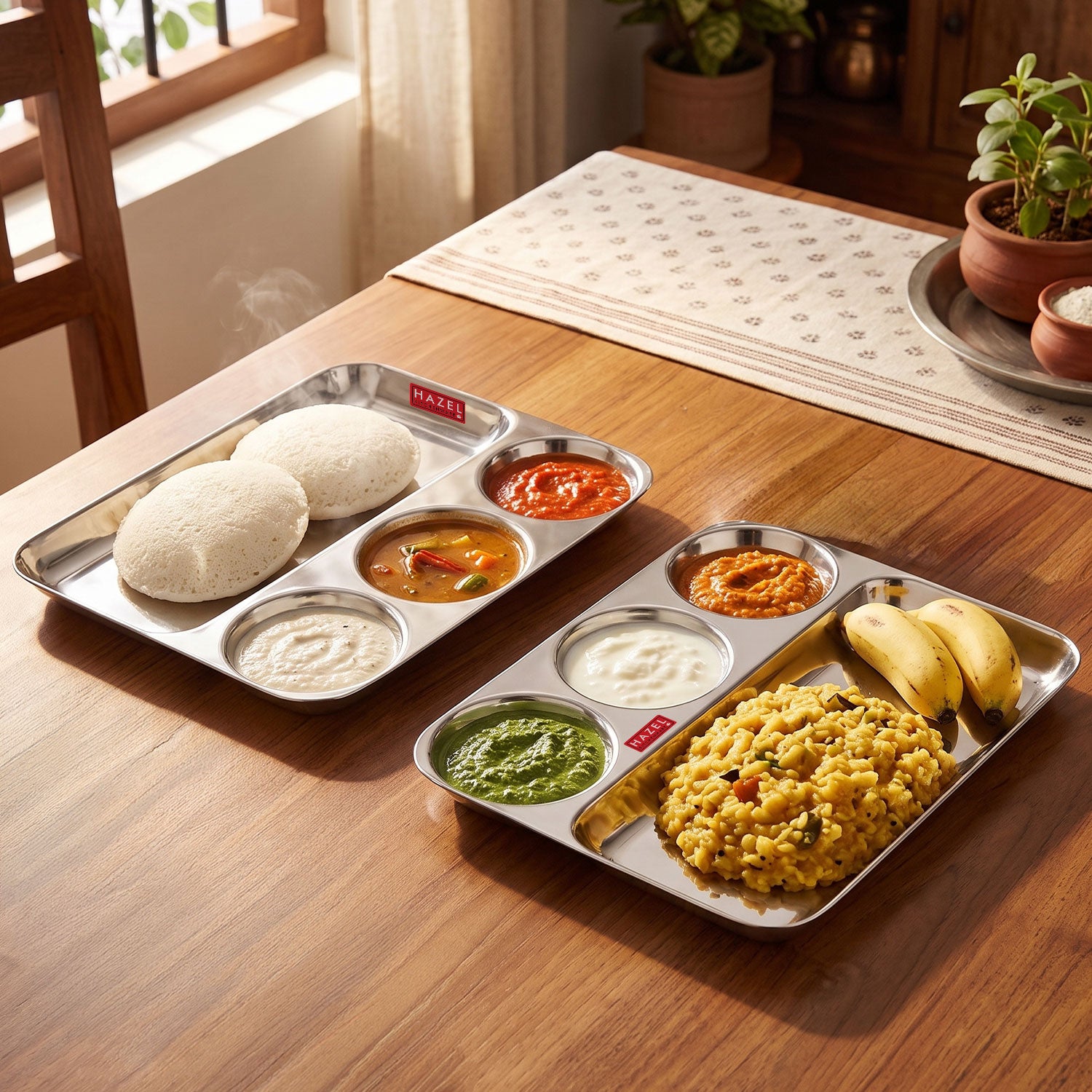4 Compartment Stainless Steel Lunch Plate Set of 2 | All in 1 Big Section Plate