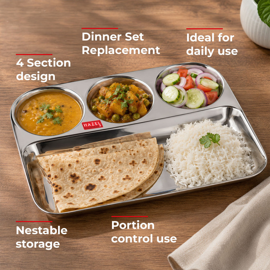 4 Compartment Stainless Steel Lunch Plate Set of 2 | All in 1 Big Section Plate