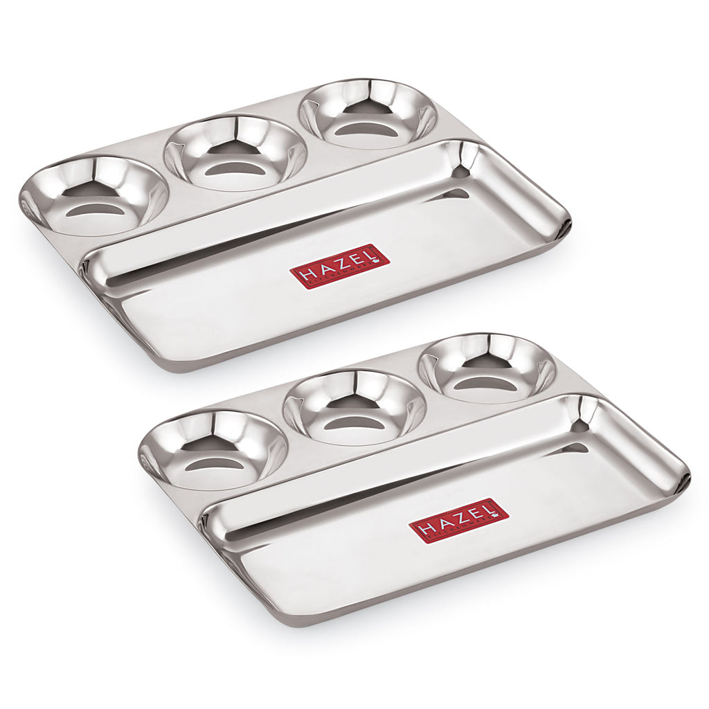 4 Compartment Stainless Steel Lunch Plate Set of 2 | All in 1 Big Section Plate