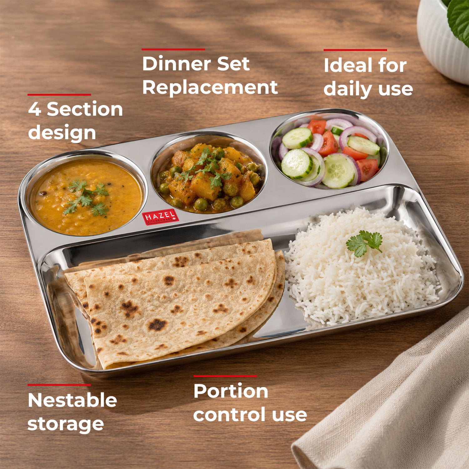 Stainless Steel 4 in 1 Section Plate Meal Tray Set of 6 for Office