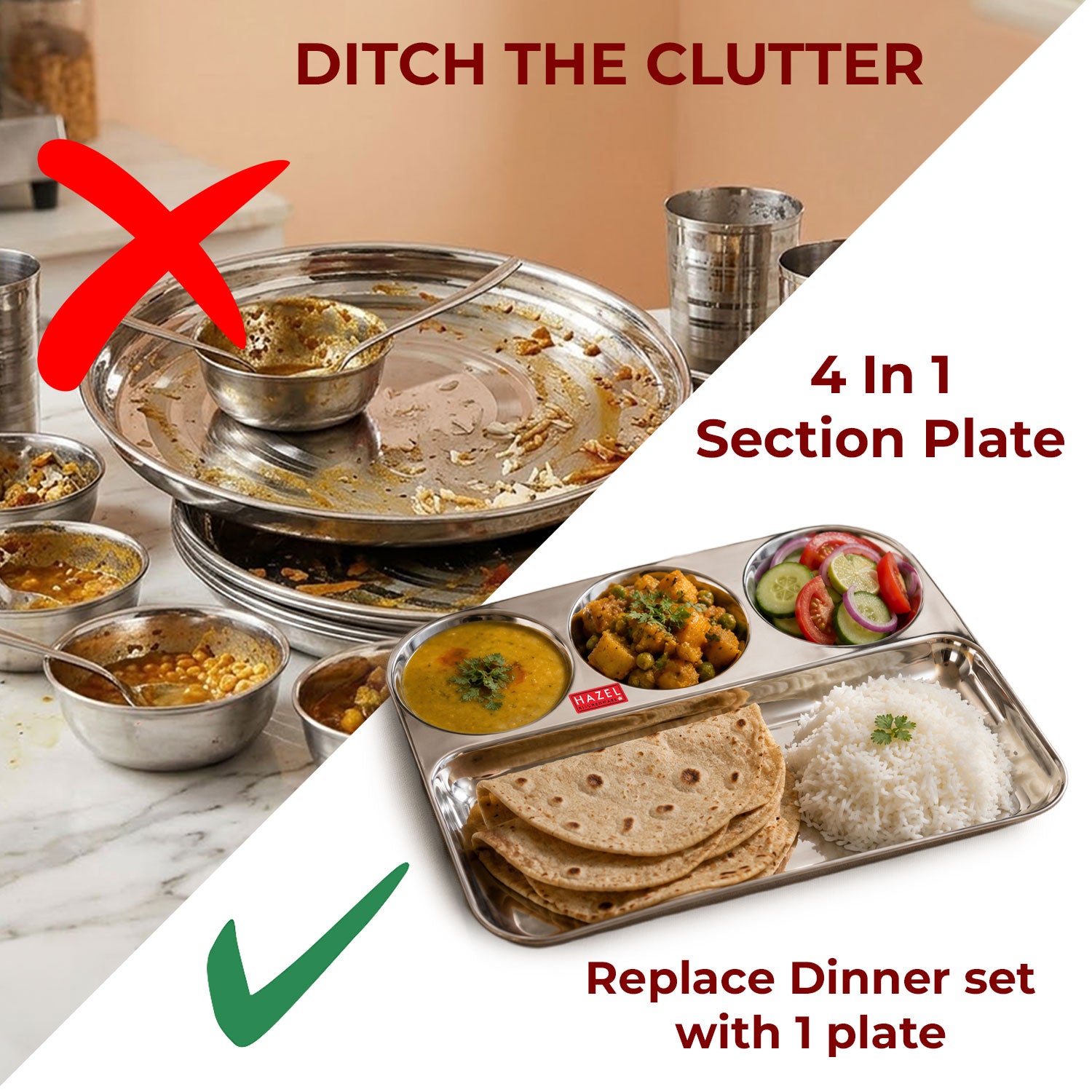 Stainless Steel 4 in 1 Section Plate Meal Tray Set of 6 for Office
