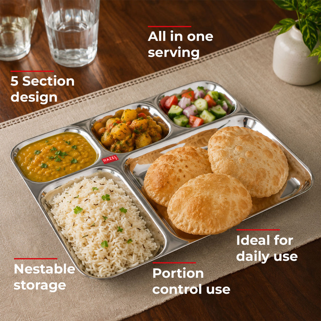 5 Compartment Stainless Steel Plate Set of 2 | All in 1 Big Thali