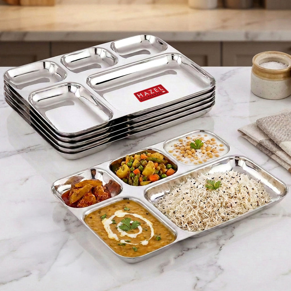 Stainless Steel Divided Meal Tray 5 in 1 Section Plate Set of 6 for Office