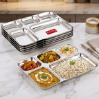 Stainless Steel Divided Meal Tray 5 in 1 Section Plate Set of 6 for Office