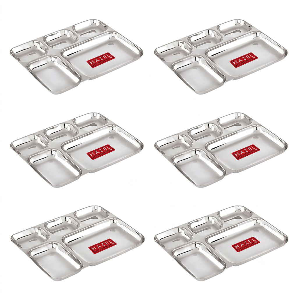 Stainless Steel Divided Meal Tray 5 in 1 Section Plate Set of 6 for Office