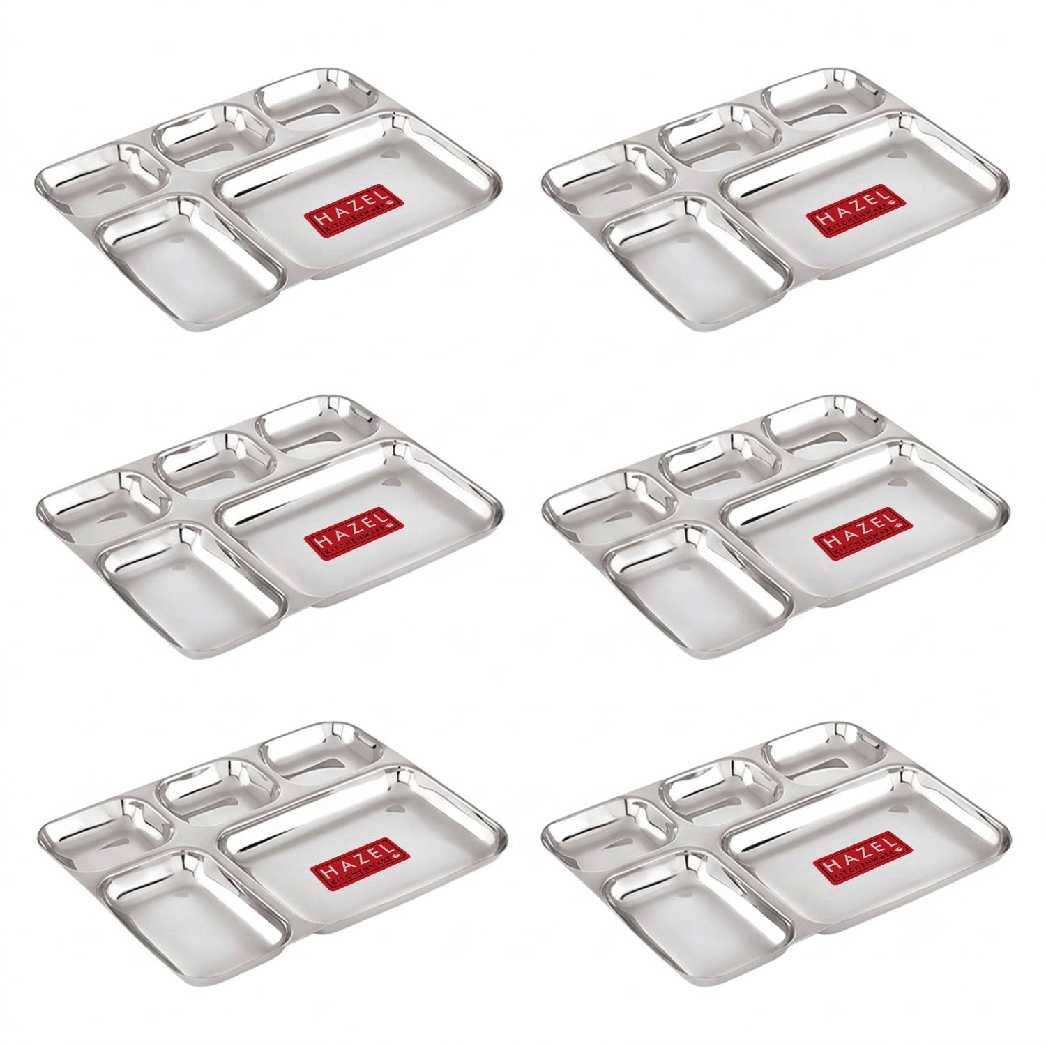Stainless Steel Divided Meal Tray 5 in 1 Section Plate Set of 6 for Office