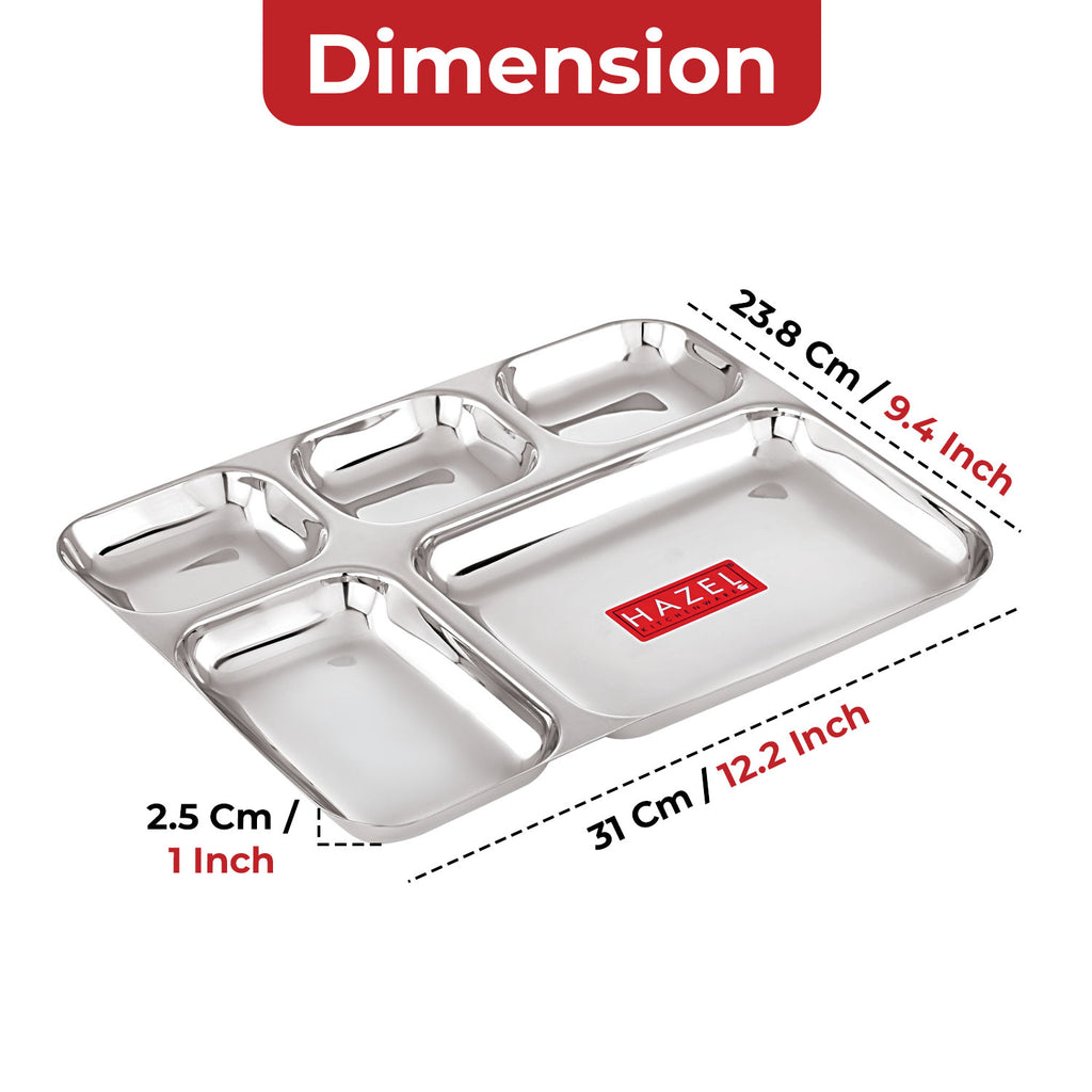 Stainless Steel Divided Meal Tray 5 in 1 Section Plate Set of 6 for Office