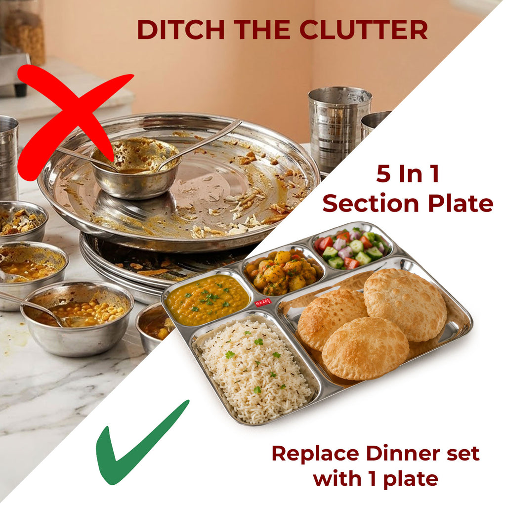 Stainless Steel Divided Meal Tray 5 in 1 Section Plate Set of 6 for Office