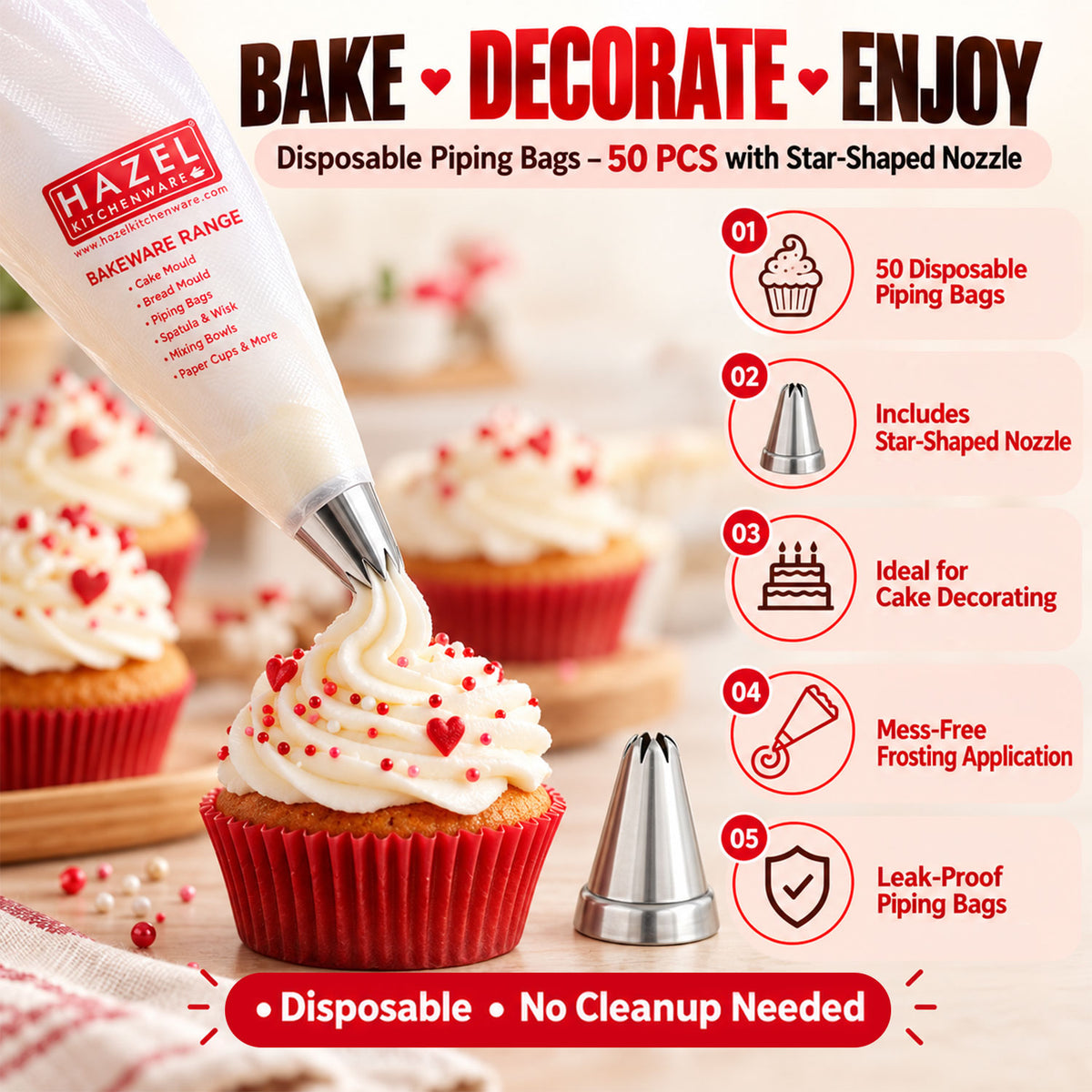 Disposable Piping Bags 50 Pcs with Star Nozzle