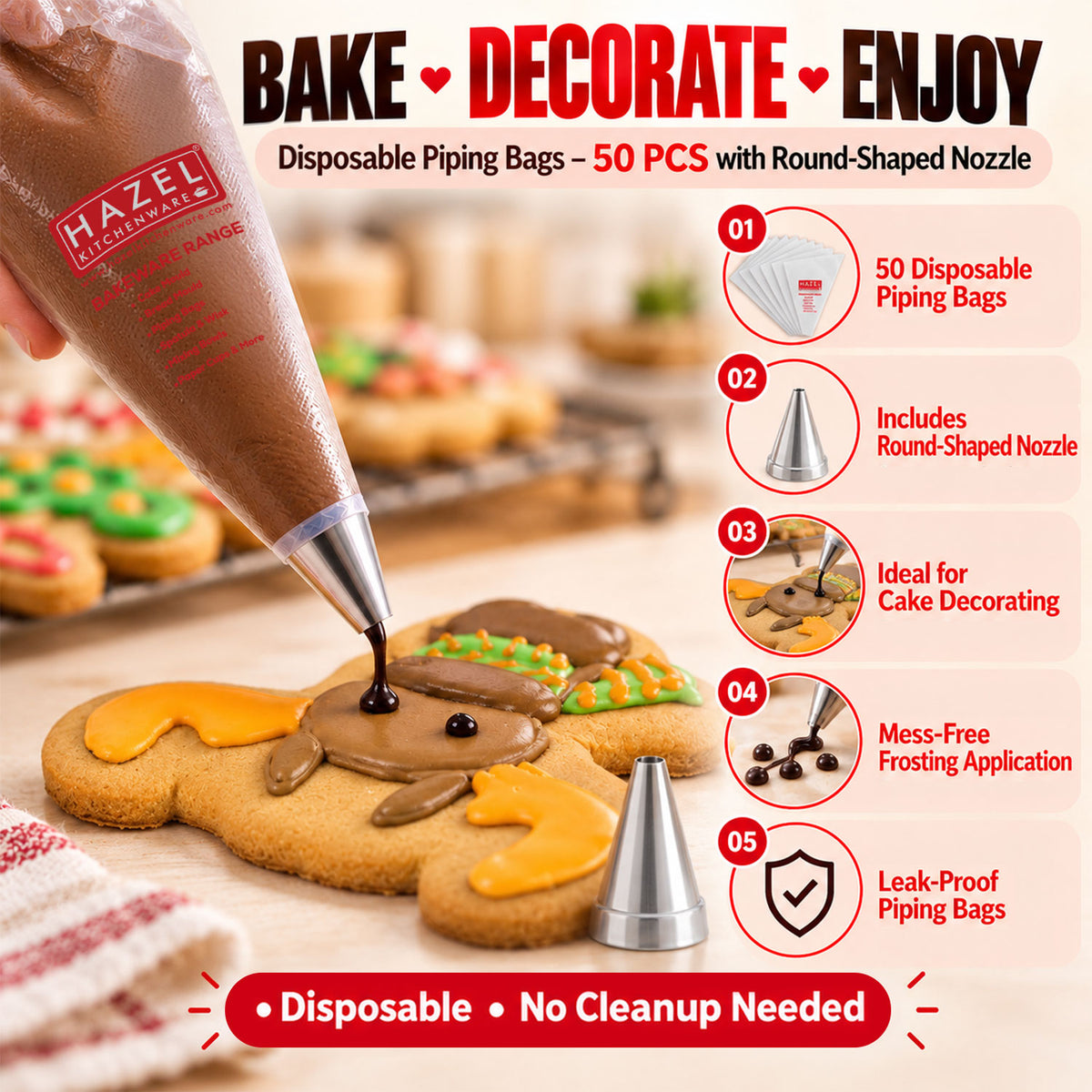Disposable Piping Bags 50 Pcs with Round Nozzle