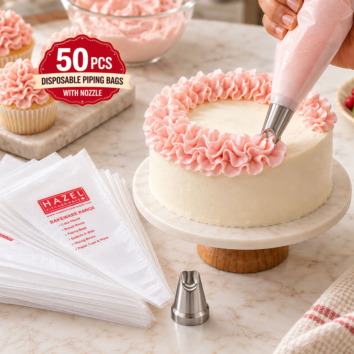 Disposable Piping Bags 50 Pcs with Ruffles Nozzle