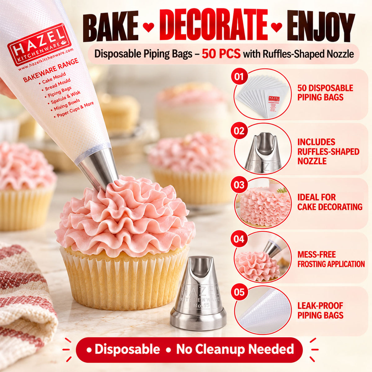 Disposable Piping Bags 50 Pcs with Ruffles Nozzle