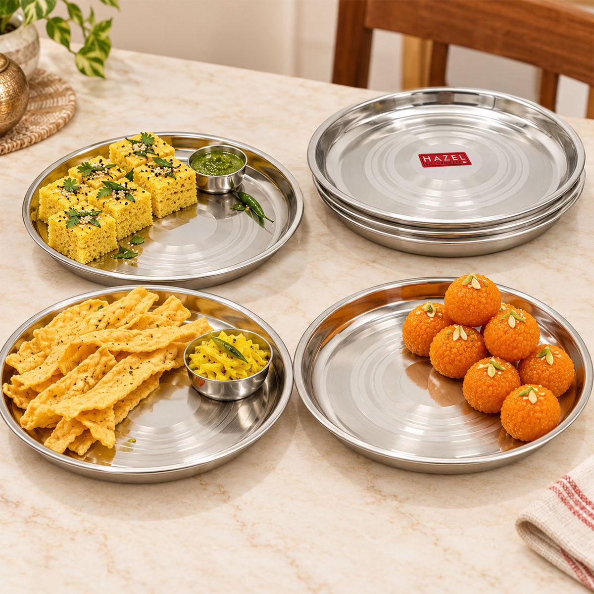 Stainless Steel Thali 27 cm Round Steel Dinner Plate, Set of 6
