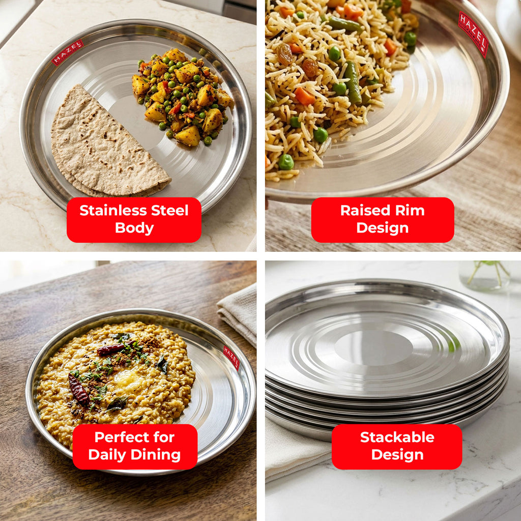 Stainless Steel Thali 27 cm Round Steel Dinner Plate, Set of 6