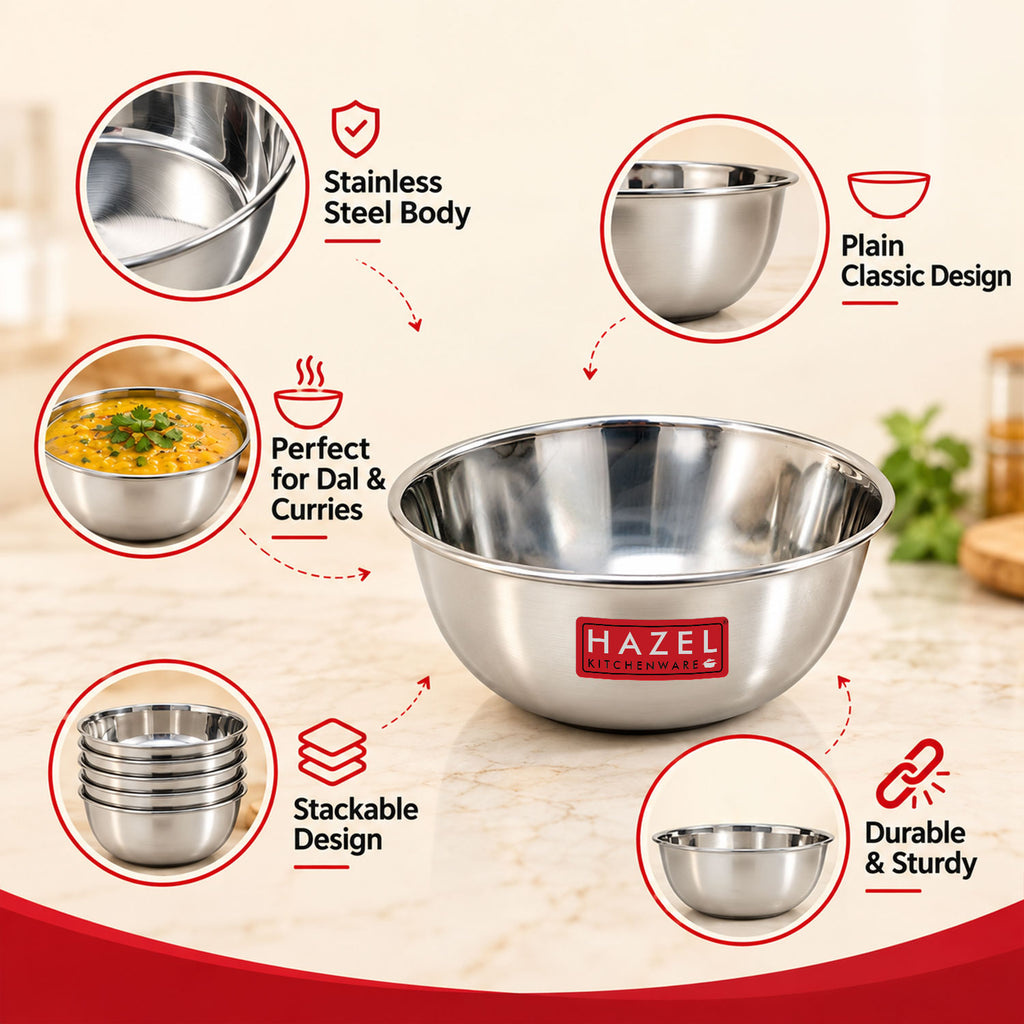 Stainless Steel Wati, Katori Bowl for Dal, Curry, Snacks, 300 ml, Set of 6