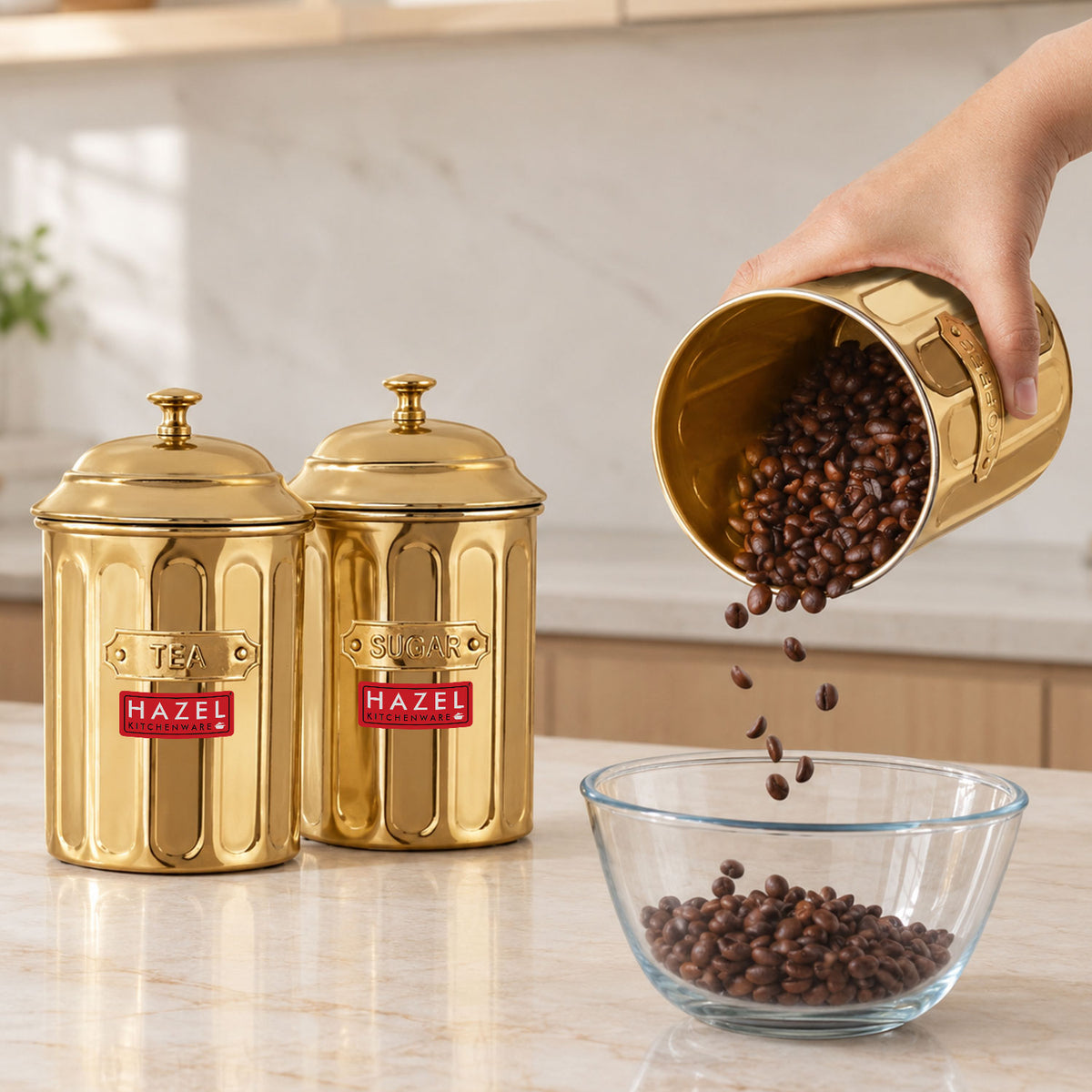 Airtight Golden Container for Tea Coffee & Sugar, 800 ml, Set Of 3
