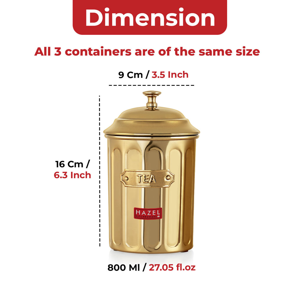 Airtight Golden Container for Tea Coffee & Sugar, 800 ml, Set Of 3