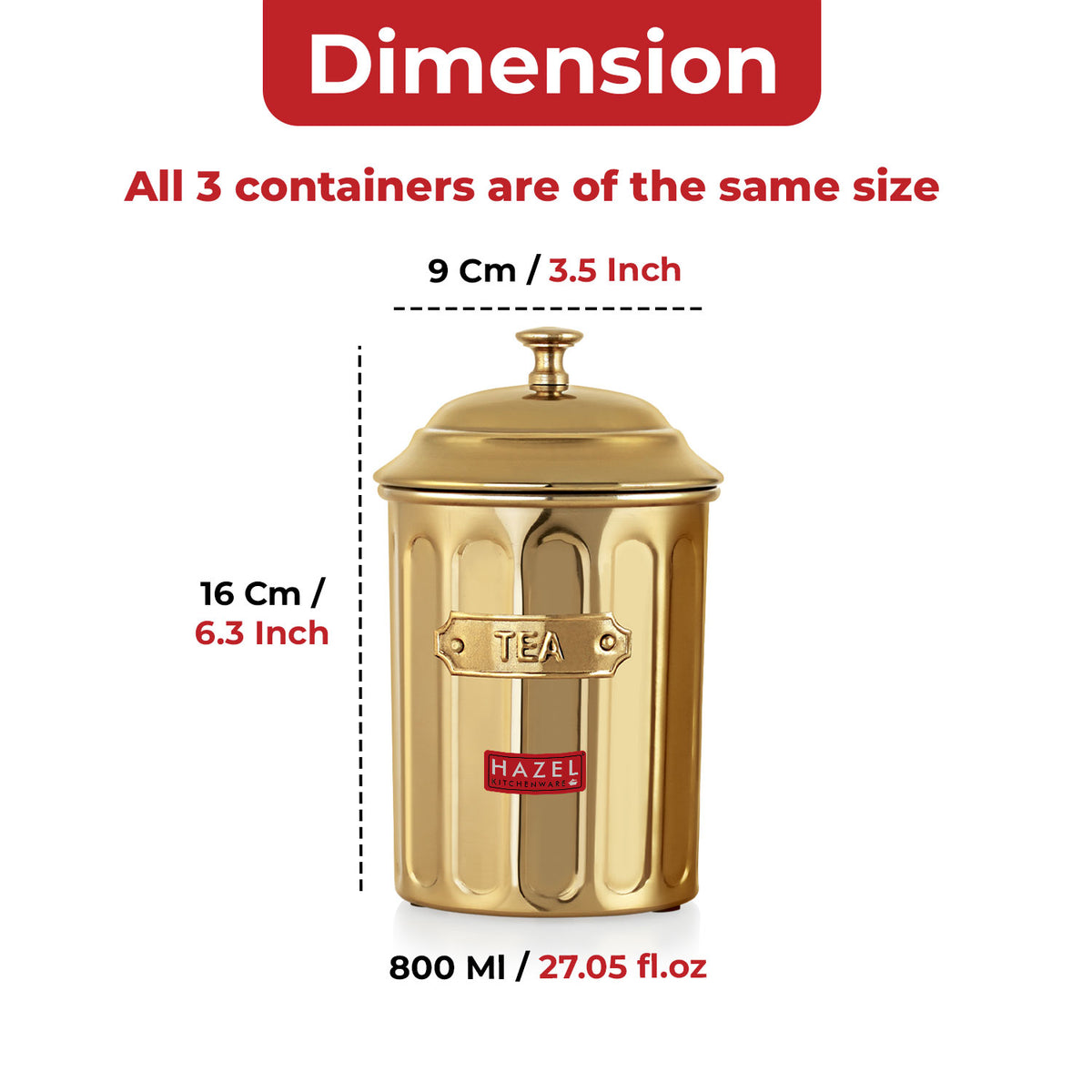 Airtight Golden Container for Tea Coffee & Sugar, 800 ml, Set Of 3