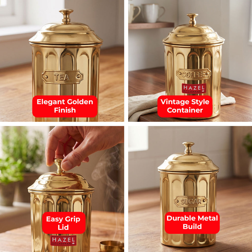 Airtight Golden Container for Tea Coffee & Sugar, 800 ml, Set Of 3