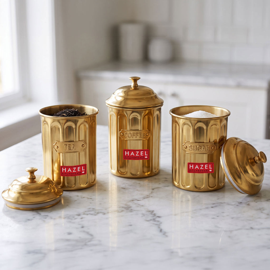 Airtight Golden Container for Tea Coffee & Sugar, 800 ml, Set Of 3