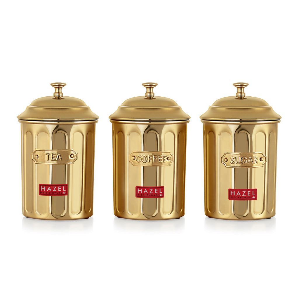 Airtight Golden Container for Tea Coffee & Sugar, 800 ml, Set Of 3