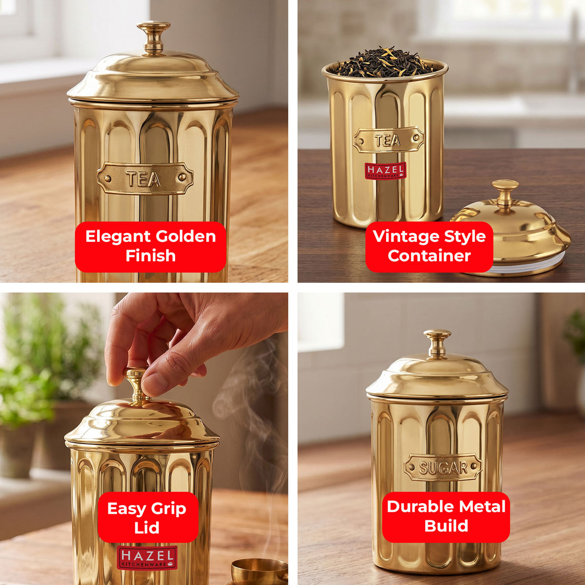 Golden Tea & Sugar Airight Container, 800 ml, Set Of 2