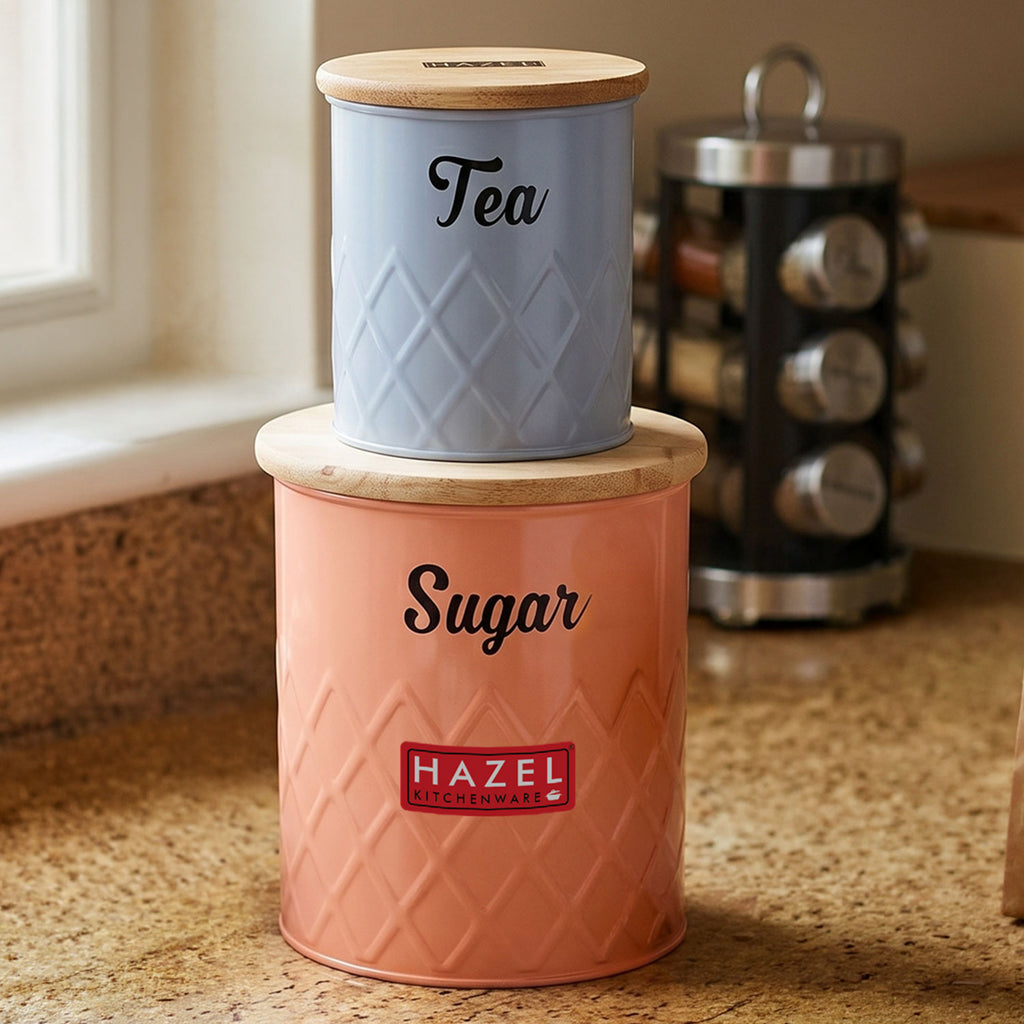 Tea and Sugar Container Set with Wooden Lid, Airtight Canisters, 1200 & 500 ml, Set Of 2