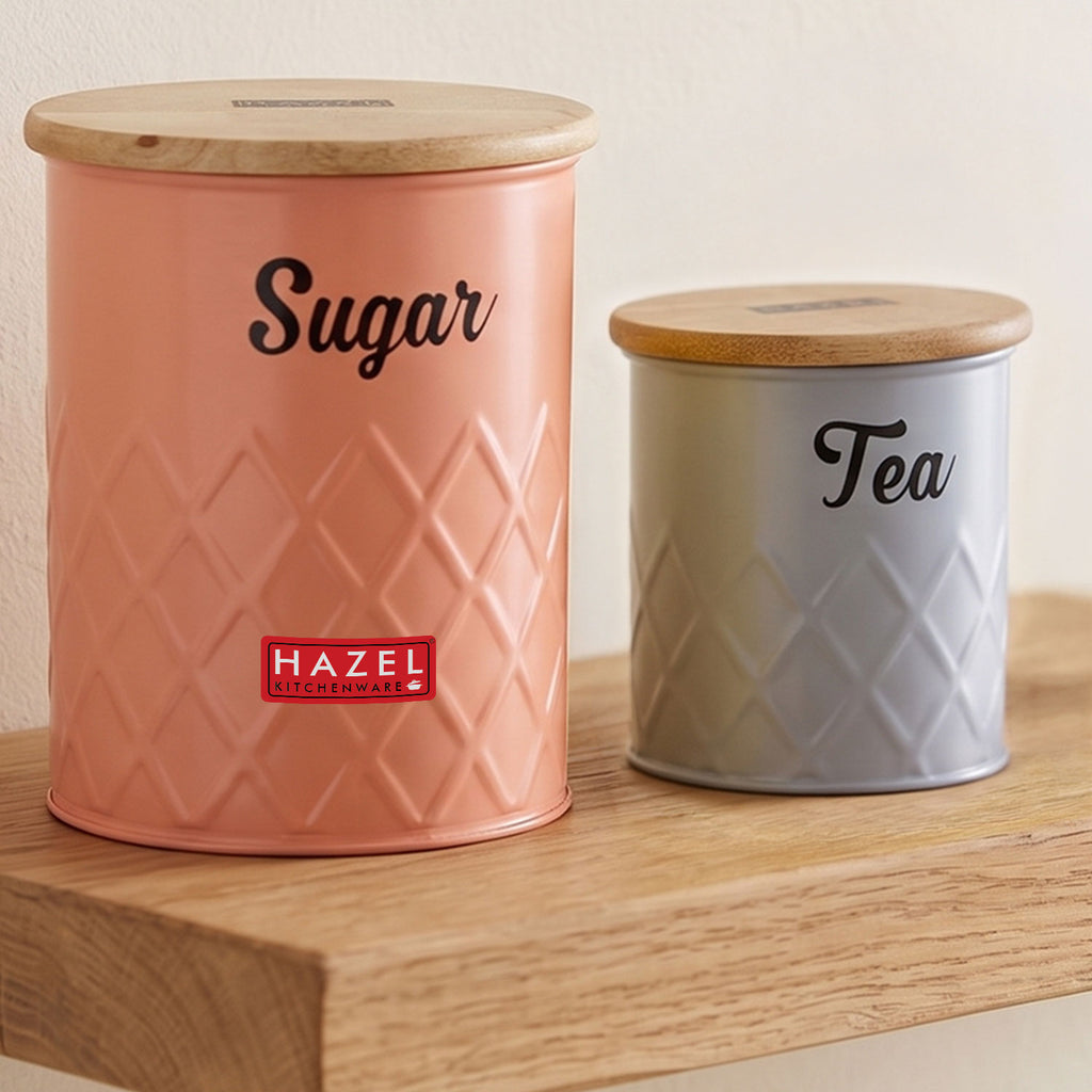 Tea and Sugar Container Set with Wooden Lid, Airtight Canisters, 1200 & 500 ml, Set Of 2