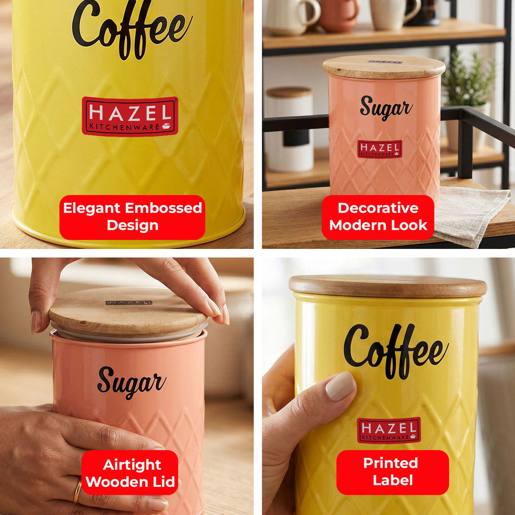 Coffee and Sugar Container Set with Wooden Lid, Airtight Canisters, 1200 & 800 ml, Set Of 2