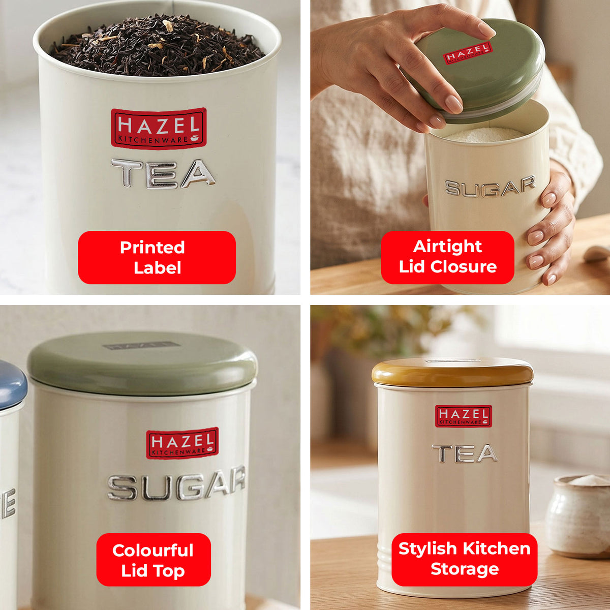 Airtight Tea and Sugar Container with Labels for Kitchen Storage, 900 ml, Set of 2