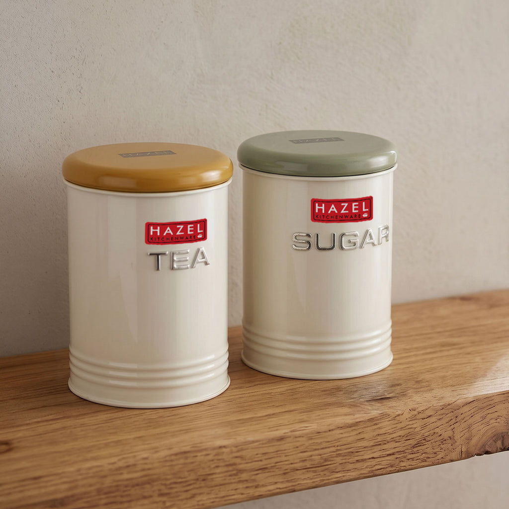 Airtight Tea and Sugar Container with Labels for Kitchen Storage, 900 ml, Set of 2
