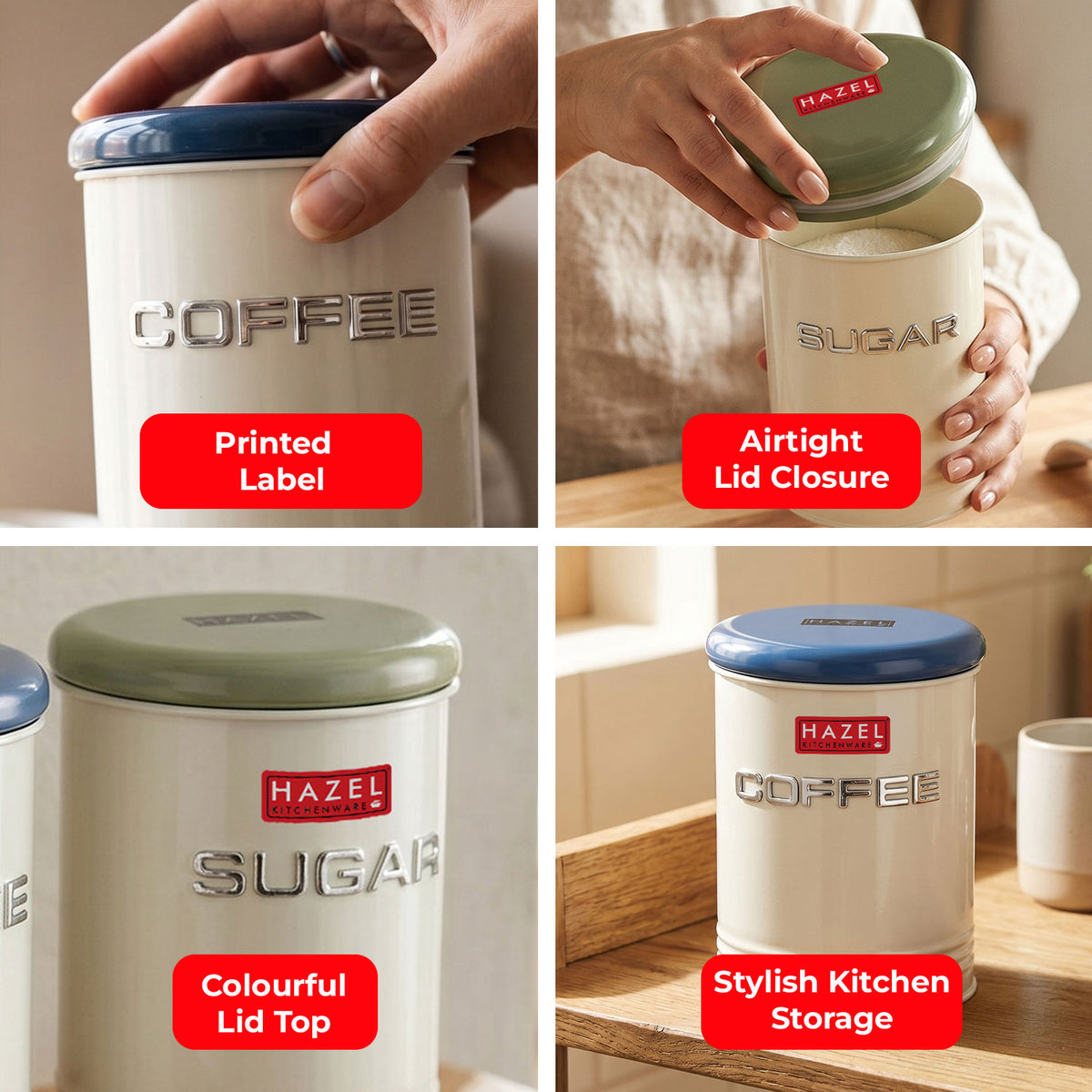 Airtight Coffee and Sugar Container with Labels for Kitchen Storage, 900 ml, Set of 2