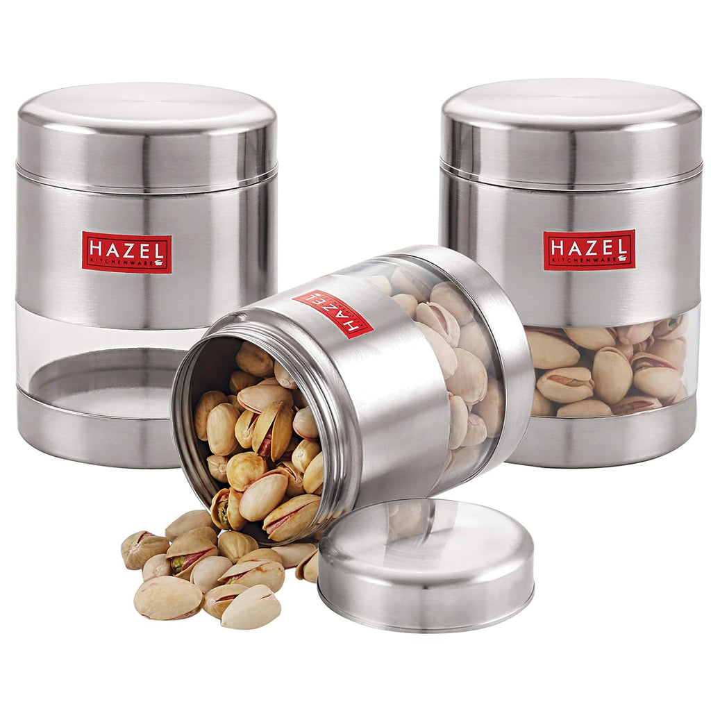 Stainless Steel See Through Matt Finish Container Set of 3, Silver, 500 ML