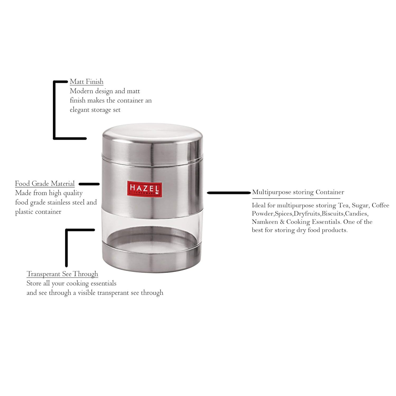 Stainless Steel See Through Matt Finish Container Set of 3, Silver, 500 ML
