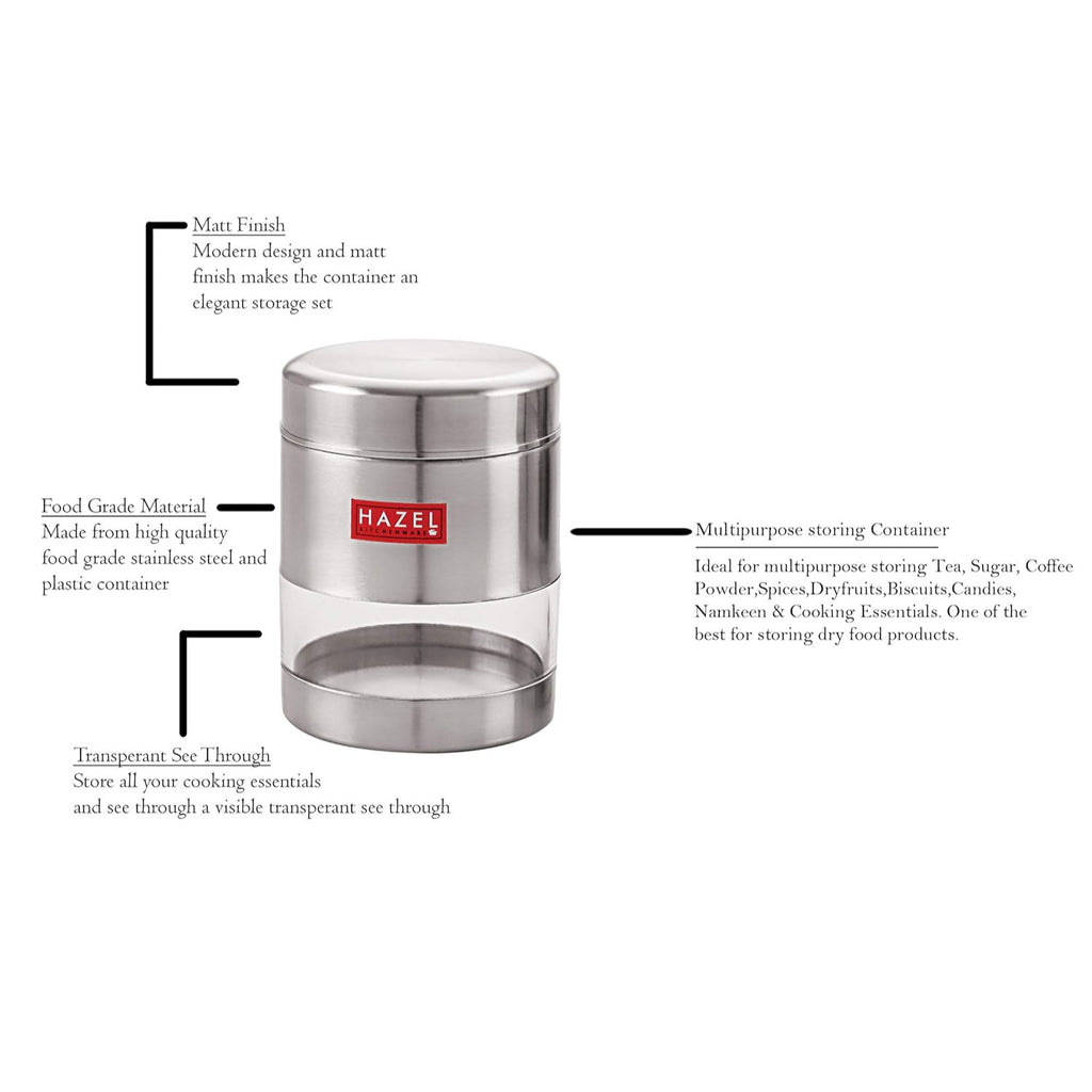 Stainless Steel See Through Matt Finish Container Set of 4, Silver, 500 ML