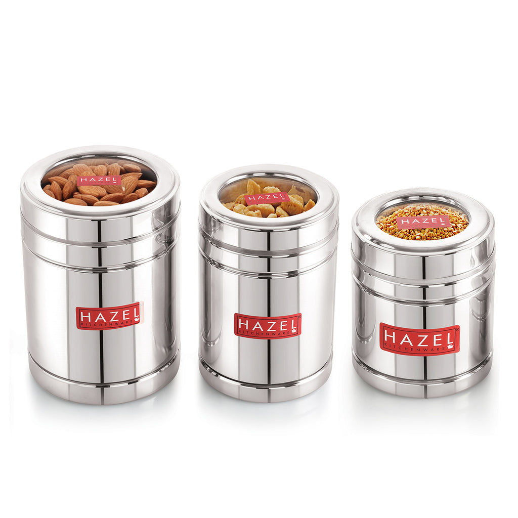 Stainless Steel Tea Coffee Sugar Container Set with Transparent Lid, Set of 3