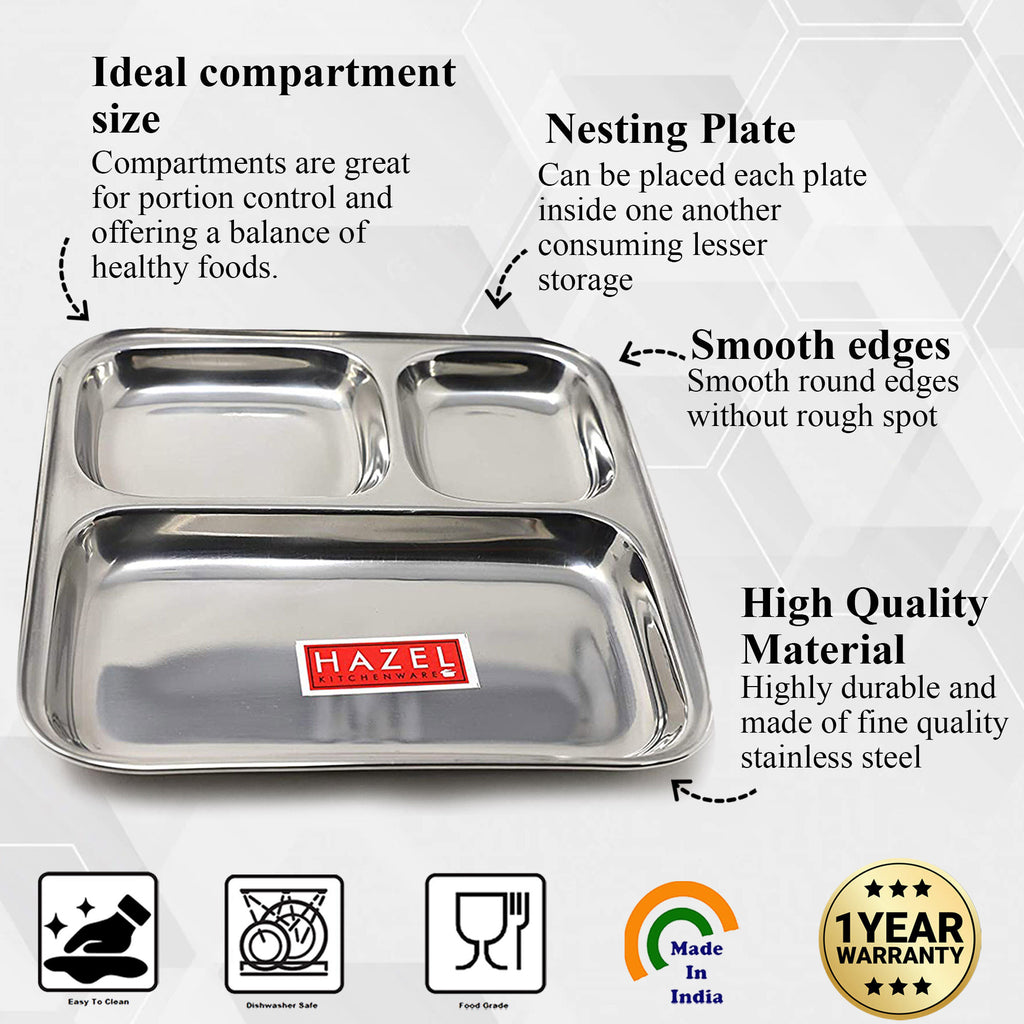 Stainless Steel Compartment Plate Set of 2, Bhojan Thali, 25 cm