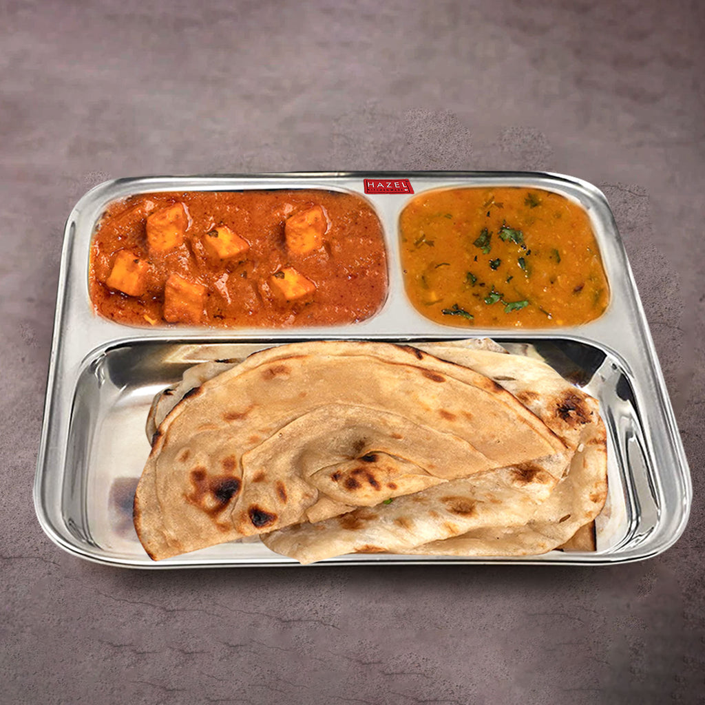 Stainless Steel Compartment Plate Set of 2, Bhojan Thali, 25 cm