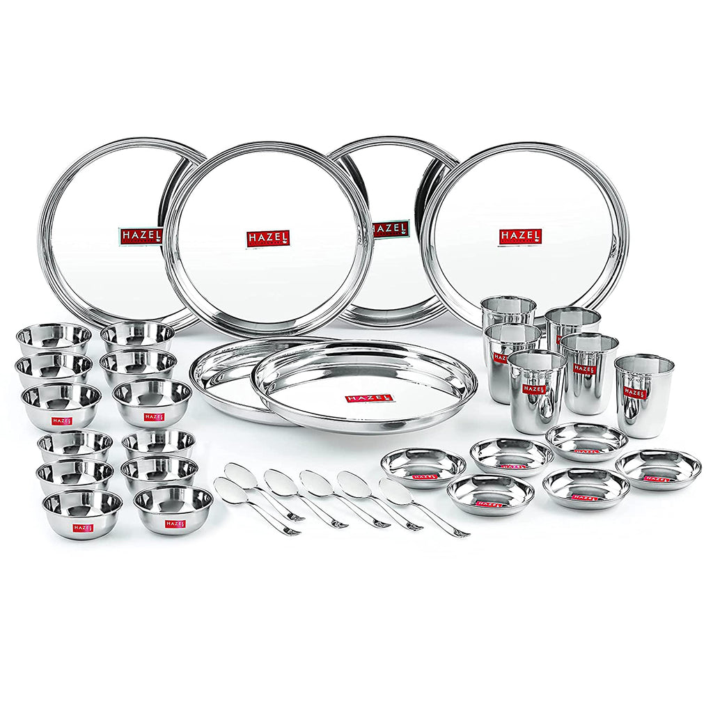 Stainless Steel Dinner Set 36 Pcs, Thali Set with Plates, Bowls & Glasses