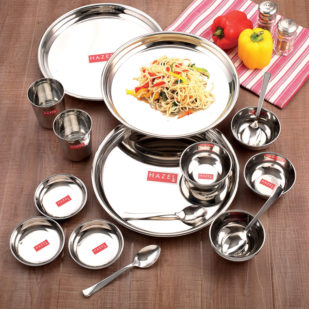 Stainless Steel Dinner Set 36 Pcs, Thali Set with Plates, Bowls & Glasses
