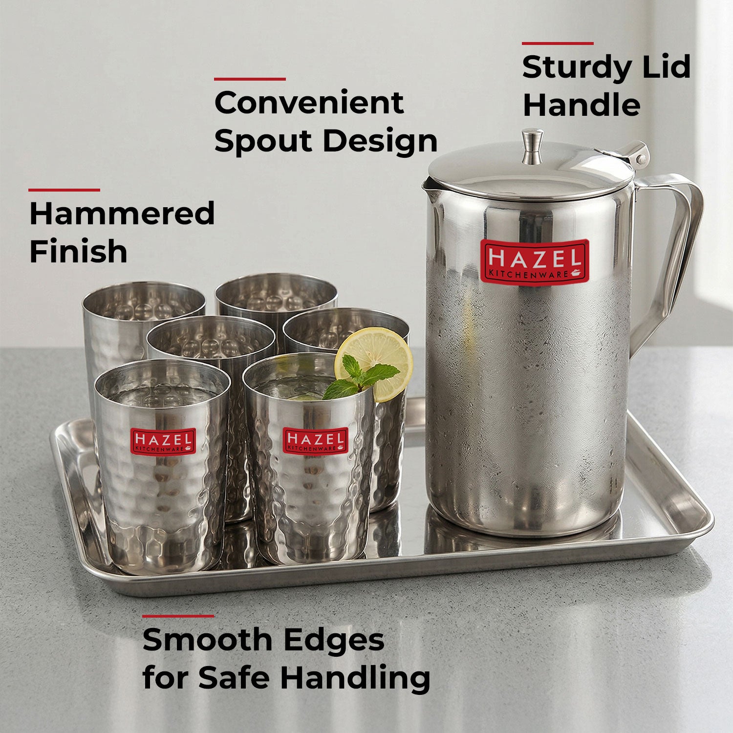 Stainless Steel Drinkware Combo of 8, Water Jug with Lid 1800ml, 6pc Hammered Glasses 350ml & Serving Tray